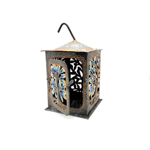 Painted Tree of Life Hanging Lantern- Blue/Bronze