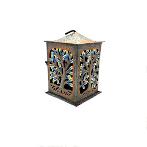 Painted Tree of Life Hanging Lantern- Blue/Bronze